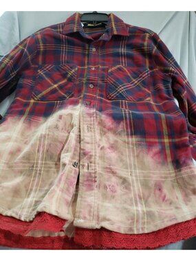 St. Johns Bay Distressed Acid wash Academia Flannel Shirt Crocheted Trim Size M